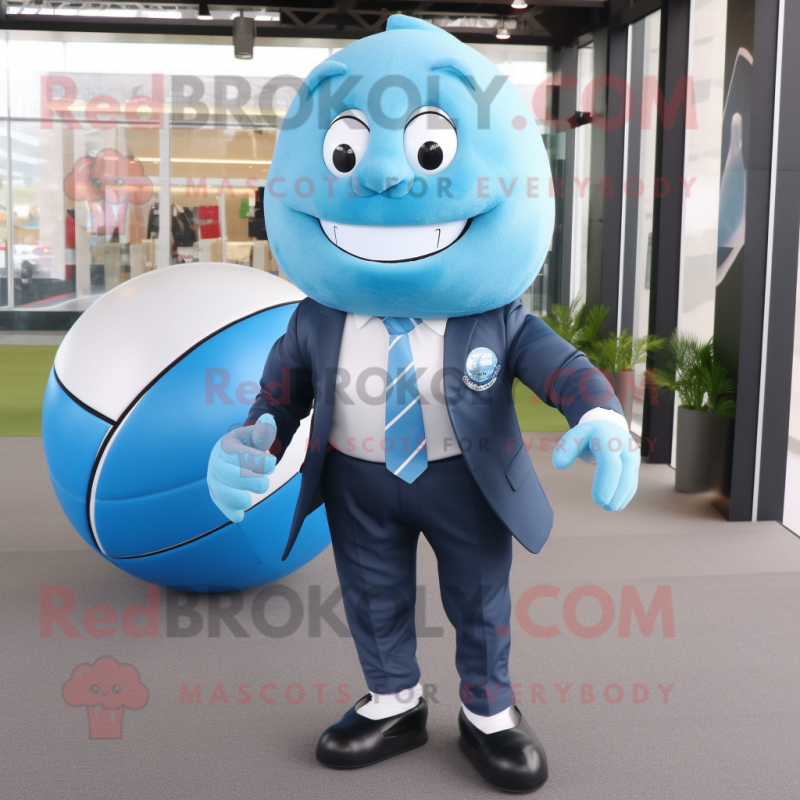 Cyan Rugby Ball mascot costume character dressed with a Suit Pants and Wraps Cyan Rugby Ball mascot costume character dressed with a Suit Pants and Wraps