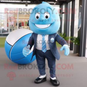 Cyan Rugby Ball mascot costume character dressed with a Suit Pants and Wraps