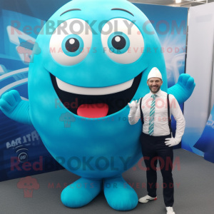 Cyan Rugby Ball mascot costume character dressed with a Suit Pants and Wraps