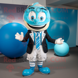Cyan Rugby Ball mascot costume character dressed with a Suit Pants and Wraps