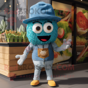 Teal Falafel mascot costume character dressed with a Denim Shorts and Hats