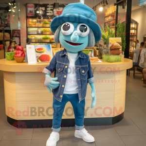 Teal Falafel mascot costume character dressed with a Denim Shorts and Hats