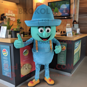 Teal Falafel mascot costume character dressed with a Denim Shorts and Hats