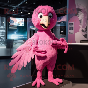 Pink Vulture mascot costume character dressed with a Jumpsuit and Mittens