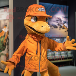 Orange Coelophysis mascot costume character dressed with a Sweatshirt and Hat pins