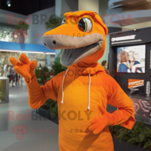 Orange Coelophysis mascot costume character dressed with a Sweatshirt and Hat pins