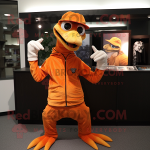 Orange Coelophysis mascot costume character dressed with a Sweatshirt and Hat pins