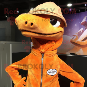 Orange Coelophysis mascot costume character dressed with a Sweatshirt and Hat pins