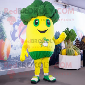 Yellow Broccoli mascot costume character dressed with a Swimwear and Beanies