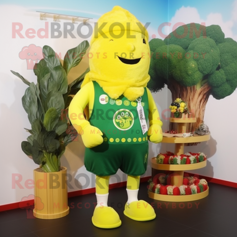 Yellow Broccoli mascot costume character dressed with a Swimwear and Beanies