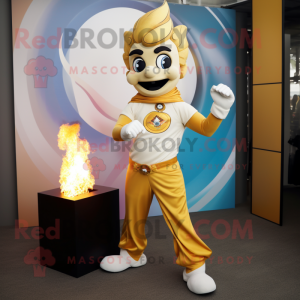 Gold Fire Eater mascot costume character dressed with a Joggers and Scarves