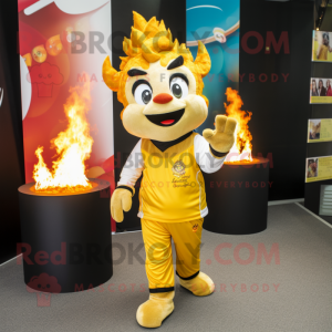 Gold Fire Eater mascot costume character dressed with a Joggers and Scarves