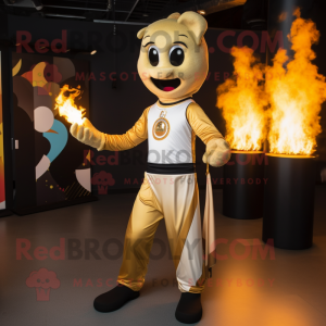 Gold Fire Eater mascot costume character dressed with a Joggers and Scarves