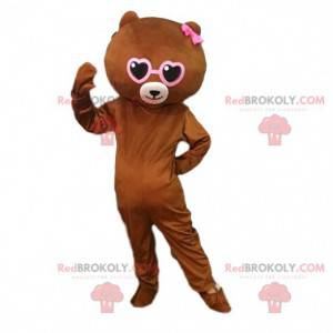 Brown teddy mascot with hearts, romantic costume -