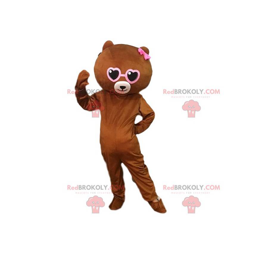 Brown teddy mascot with hearts, romantic costume -