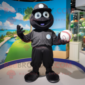 Black Baseball Ball mascot costume character dressed with a One-Piece Swimsuit and Mittens