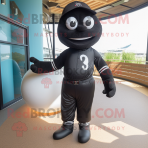 Black Baseball Ball mascot costume character dressed with a One-Piece Swimsuit and Mittens