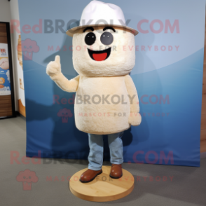 Cream Fried Rice mascot costume character dressed with a Denim Shirt and Foot pads