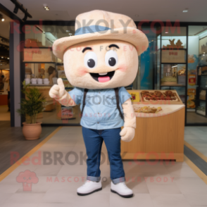 Cream Fried Rice mascot costume character dressed with a Denim Shirt and Foot pads