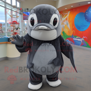 Gray Killer Whale mascot costume character dressed with a Rash Guard and Shawl pins