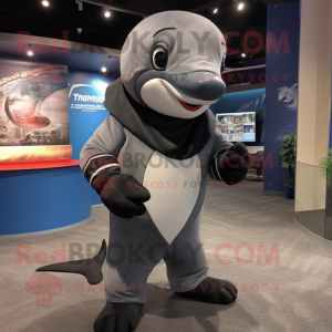 Gray Killer Whale mascot costume character dressed with a Rash Guard and Shawl pins