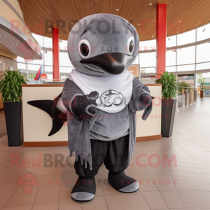 Gray Killer Whale mascot costume character dressed with a Rash Guard and Shawl pins