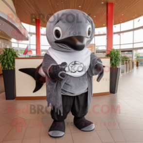 Gray Killer Whale mascot costume character dressed with a Rash Guard and Shawl pins