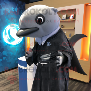 Gray Killer Whale mascot costume character dressed with a Rash Guard and Shawl pins