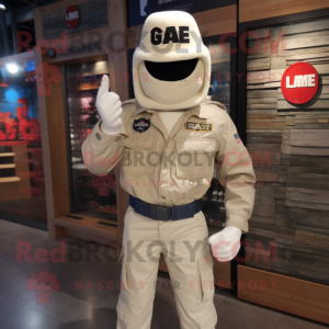 Cream Gi Joe mascot costume character dressed with a Flare Jeans and Beanies