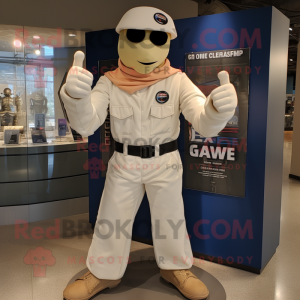 Cream Gi Joe mascot costume character dressed with a Flare Jeans and Beanies