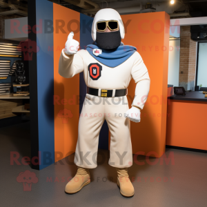 Cream Gi Joe mascot costume character dressed with a Flare Jeans and Beanies