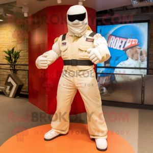 Cream Gi Joe mascot costume character dressed with a Flare Jeans and Beanies