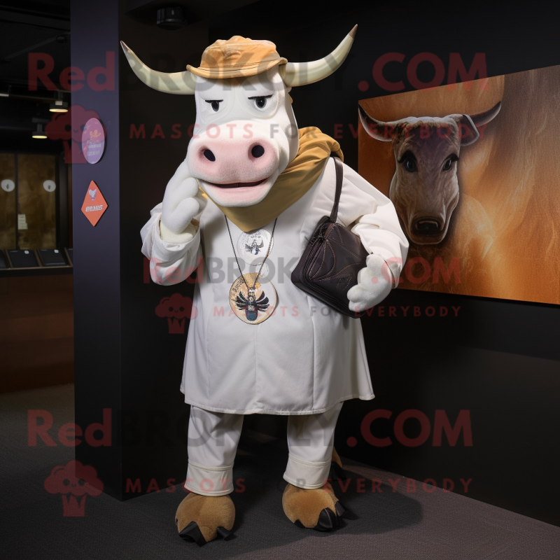 Cream Zebu mascot costume character dressed with a Graphic Tee and Messenger bags