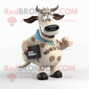 Cream Zebu mascot costume character dressed with a Graphic Tee and Messenger bags