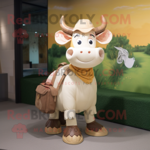 Cream Zebu mascot costume character dressed with a Graphic Tee and Messenger bags
