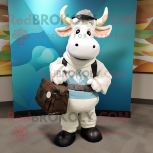 Cream Zebu mascot costume character dressed with a Graphic Tee and Messenger bags