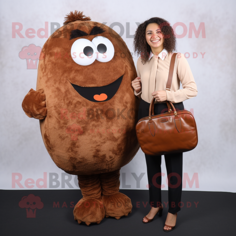 Brown Meatballs mascot costume character dressed with a Blouse and Briefcases Brown Meatballs mascot costume character dressed with a Blouse and Briefcases