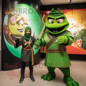 Green Samurai mascot costume character dressed with a Windbreaker and Watches