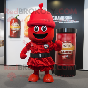 Red Grenade mascot costume character dressed with a Empire Waist Dress and Beanies