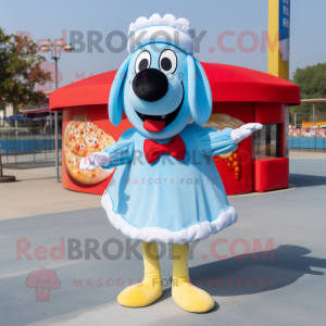 Sky Blue Hot Dogs mascot costume character dressed with a Skirt and Bow ties