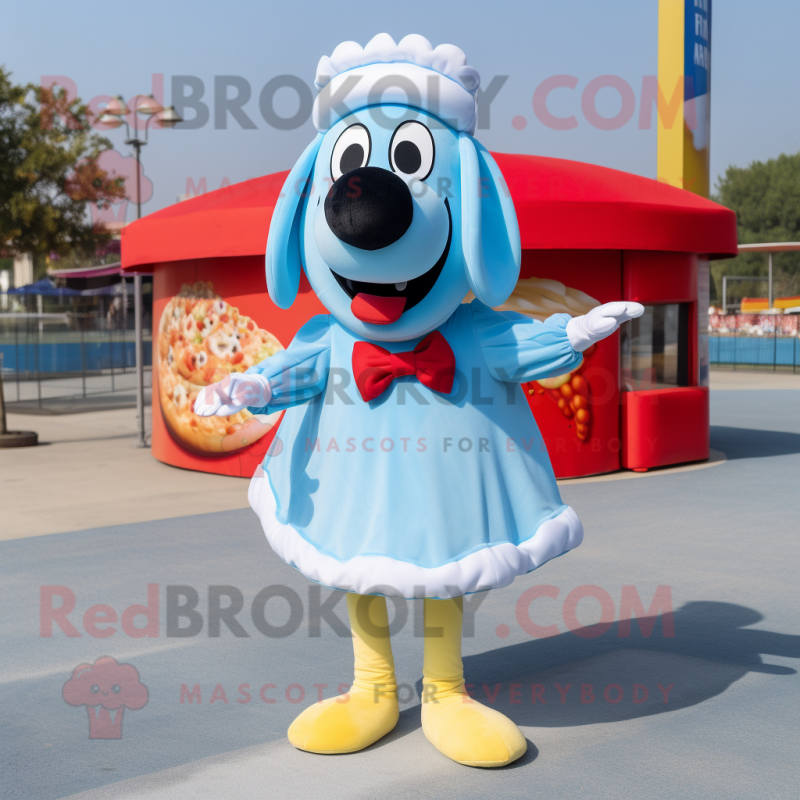 Sky Blue Hot Dogs mascot costume character dressed with a Skirt and Bow ties Sky Blue Hot Dogs mascot costume character dressed with a Skirt and Bow ties