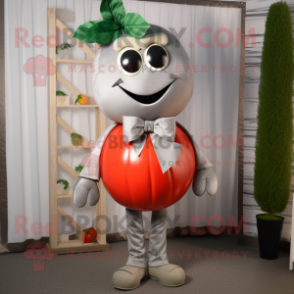 Silver Tomato mascot costume character dressed with a Sweater and Bow ties