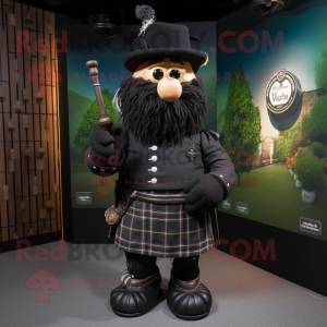Black Bagpipe mascot costume character dressed with a T-Shirt and Hat pins