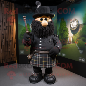Black Bagpipe mascot costume character dressed with a T-Shirt and Hat pins