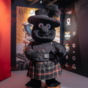 Black Bagpipe mascot costume character dressed with a T-Shirt and Hat pins