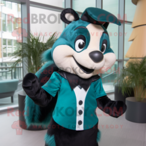 Teal Skunk mascot costume character dressed with a Turtleneck and Tie pins