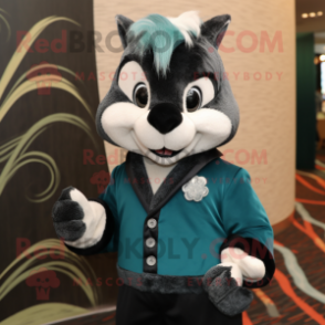 Teal Skunk mascot costume character dressed with a Turtleneck and Tie pins