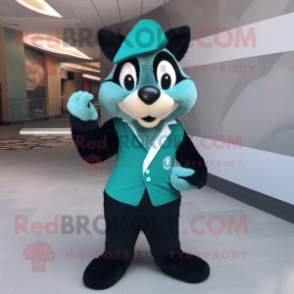 Teal Skunk mascot costume character dressed with a Turtleneck and Tie pins