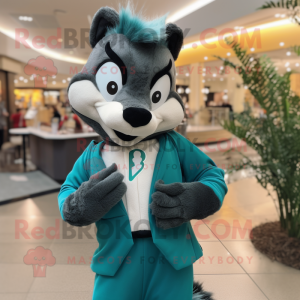 Teal Skunk mascot costume character dressed with a Turtleneck and Tie pins