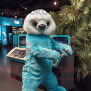 Cyan Sloth mascot costume character dressed with a Jeggings and Mittens